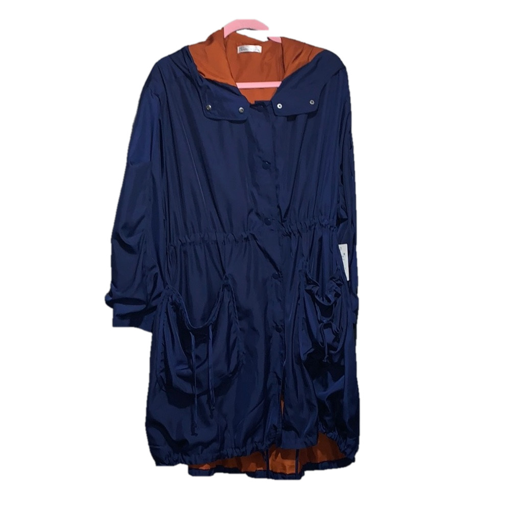 NWT Navy Blue Hooded Jacket with Picante Lining Adjustable Waist Button Down